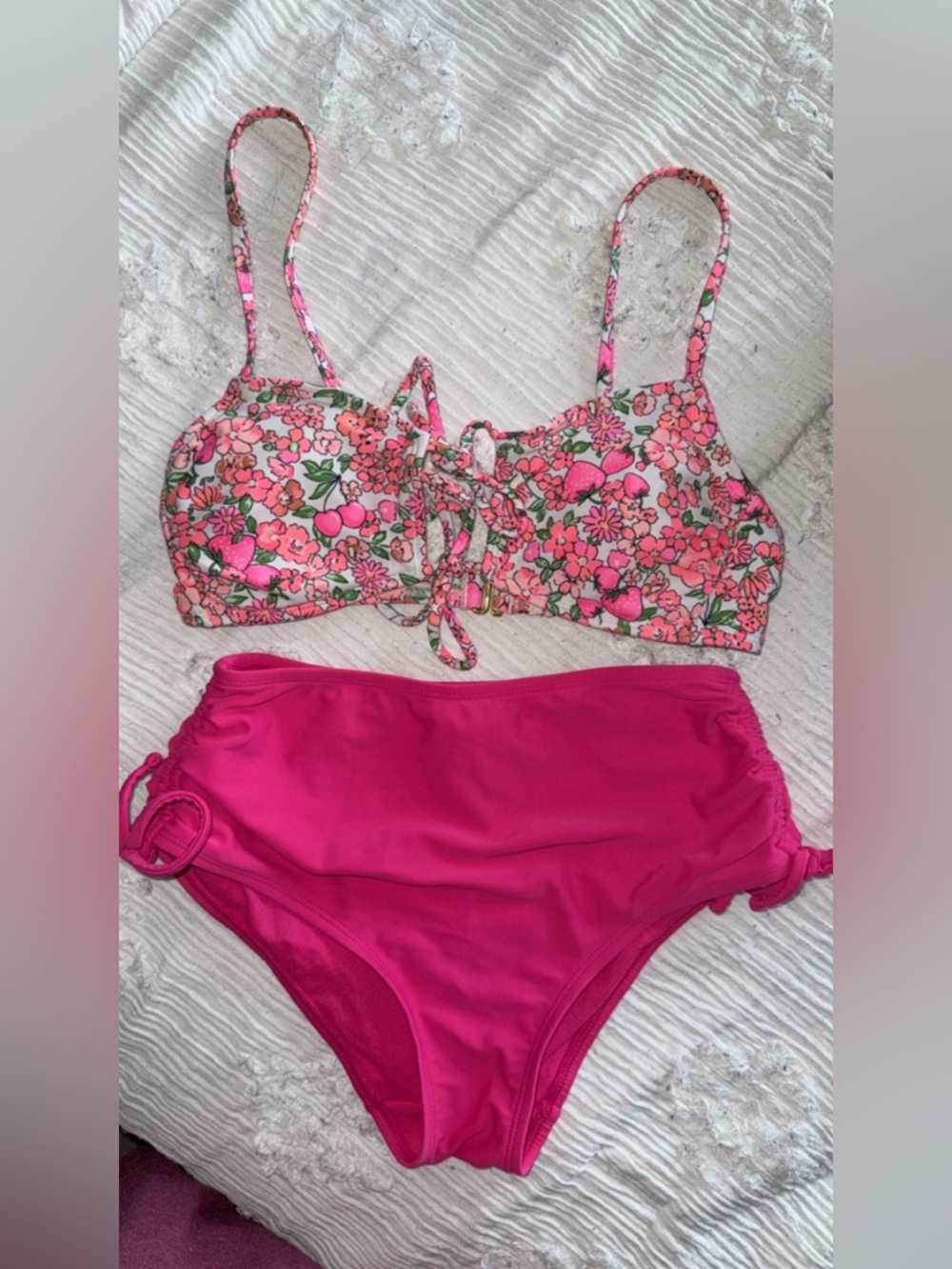 No Boundaries Pink Floral Lace-Up Bikini Top with Hot Pink High-Waist Bottoms